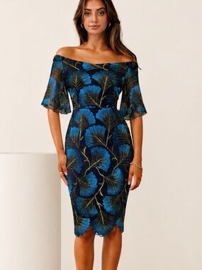 Trina Turk Naomi Off-Shoulder Peacock Floral Lace Cocktail Dress Size 2